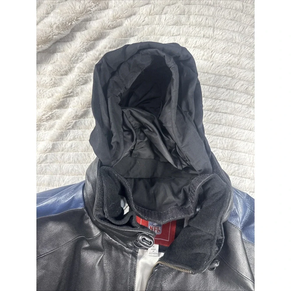 NFL New England Patriots Mens Medium Black Genuine Leather Bomber Jacket EUC